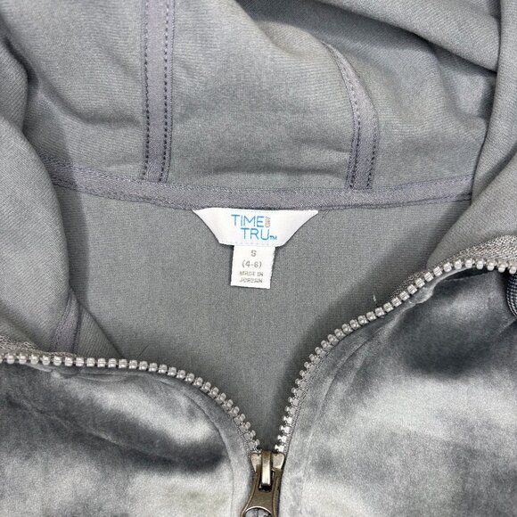 Time‎ & Tru Velour Full Zip Hooded Sweater Womens Sz Small (4-6) Gray Glam Comfy - Picture 2 of 7